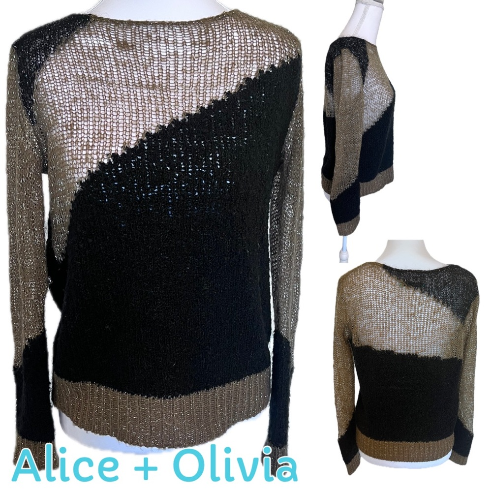 Alice & Olivia Metallic Gold/Tan & Black Colorblock Crewneck Sweater Sz XS